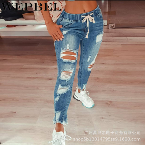 WEPBEL Autumn Lace-up Mid-Waist Slim Fit Washed Denim Pencil Pants Women's  Sexy Hole Bleached Ripped Jeans - Price history & Review, AliExpress  Seller - Shop5627378 Store