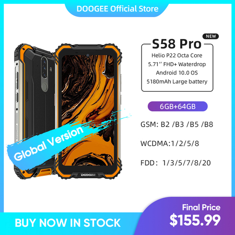 New DOOGEE S58 Pro Mobile Phone IP68/IP69K Waterproof Rugged Phone 5180mAh 5.71