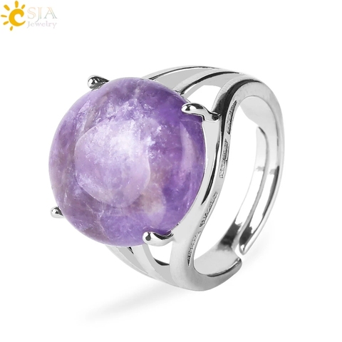 CSJA Crystal Ring for Women Natural Stone Ring Round Beads Casual Finger Rings Purple Quartz Silver Color Party Jewelry F476 ► Photo 1/6