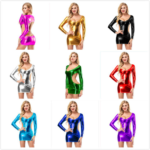 Candy Color PU Faux Leather Shiny Dress Long Sleeve Hollow Out Backless Low Cut Sexyy Wetlook Stage Dance Dress Clubwear ► Photo 1/6