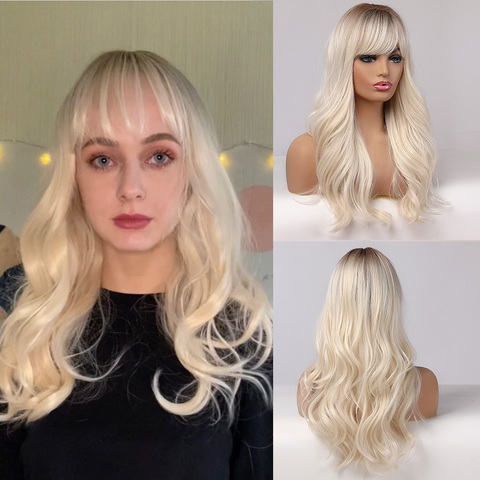 Long Wavy Ombre Brown to Light Blonde Natural Wigs With Bangs Heat Resistant Wigs For Afro Women Cosplay Synthetic Hair Wigs ► Photo 1/6