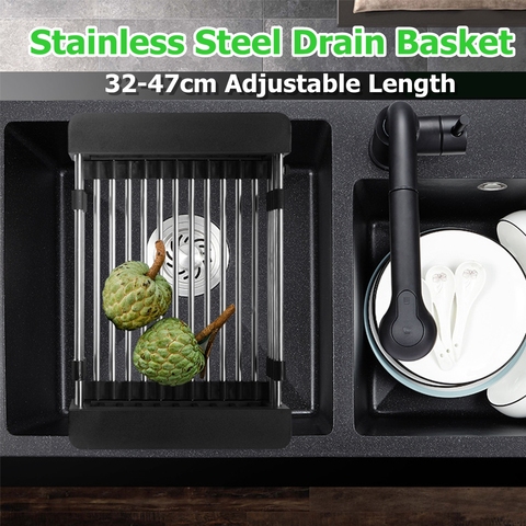 Kitchen Dish Drying Rack Adjustable Dish Drainer Stainless Steel Sink Rack  Fruit Vegetable Retractable Organizer Basket tool