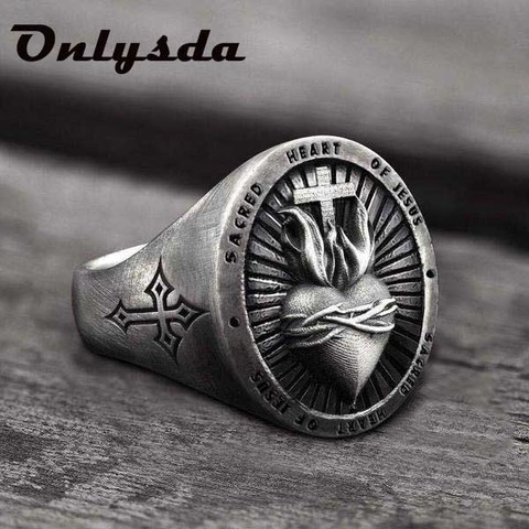 Unique 316L Stainless Steel Ladies Mens Biker Punk Sacred Heart Of Jesus God Ring Cross Amulet Punk Jewelry Party Gift  OSR607 ► Photo 1/5