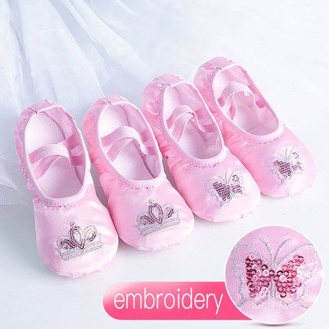 Girls Flat Dance Shoes Kids Satin Soft Sole Ballet Shoes Children's Sequins Embroidery Ballet Slippers ► Photo 1/6