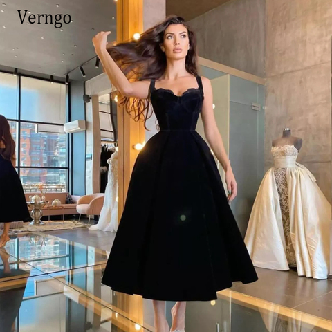 Verngo Simple Black Velour Evening Party Dresses Halter Short Prom Dresses Tea Length 2022 Special Occasion Gowns Plus Size ► Photo 1/6