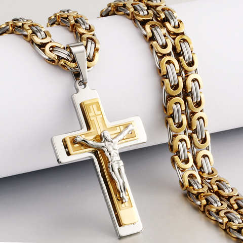 Religious Men Stainless Steel Crucifix Cross Pendant Necklace Heavy Byzantine Chain Necklaces Jesus Christ Holy Jewelry Gifts ► Photo 1/6