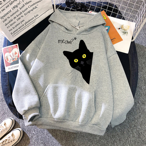 Meow Black Cat Men Hooded Fashion Loose Sweatshirts Unisex Thicken Prints High Quality Pullover Street Warm Sportswear Clothes ► Photo 1/6