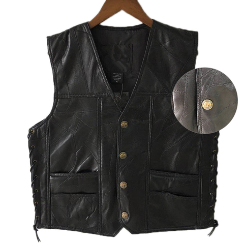 2022 Black Leather Motorcycle Vest For Men Genuine Leather Punk Biker Vest Lace Button Autumn Sleeveless Jacket For Men ► Photo 1/6