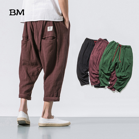 Chinese Style Black Linen Cropped Trousers 2022 Ethnic Style Harem Pants Mens Baggy Pants Summer Japanese Loose Joggers ► Photo 1/5