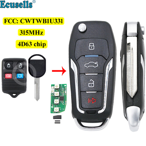 Upgraded Flip Remote Key fob 315MHz 4D63 80bit Chip for Ford Edge F series Focus Lincoln Mercury FCC: CWTWB1U331 H75 uncut blade ► Photo 1/5