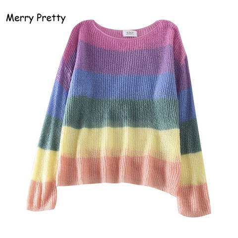 Merry Pretty Women Rainbow striped Sweater women  Long Sleeve O-Neck Knitted Pullovers Femme Colorful Harajuku Sweaters Girls ► Photo 1/1