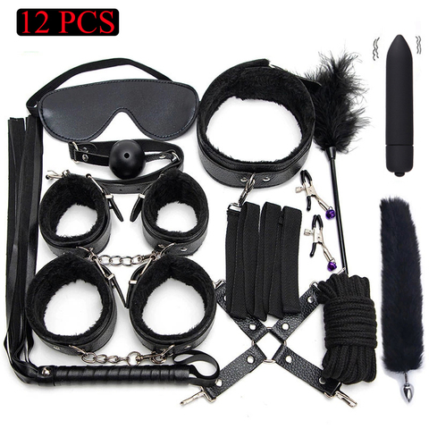 Sexy Leather BDSM Kits Plush Sex Bondage Set Handcuffs Sex Games Whip Gag Nipple Clamps Sex Toys For Couples Exotic Accessories ► Photo 1/6