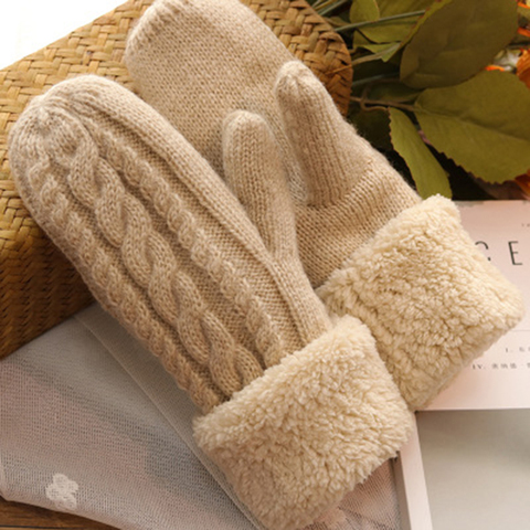 Fashion Women Twist Flowers Wool Knit MittensUnisex Double Thicken Plus Velvet Full Finger Cashmere Warm Driving Mittens L46 ► Photo 1/6