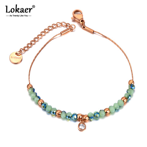 Lokaer Sparkling Green CZ Crystal Charm Bracelets Bangles For Women Stainless Steel Link Chain Bohemia Beach Bracelet B20229 ► Photo 1/5