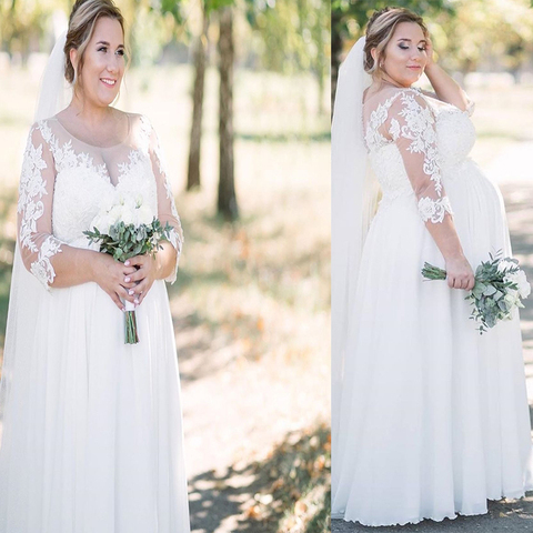 Plus Size Wedding Dress 2022 Pregnant 3/4 Sleeve A-Line Big Size Lace Appliques Chiffon Bridal Gowns Elegant For Women Brides ► Photo 1/6