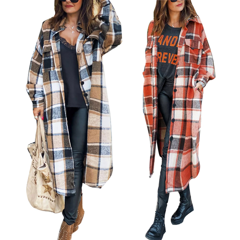 2022 New Style Female Overcoat Autumn Long Shirts Jackets Plaid Turn-Down Collar Long Sleeve Woolen Coat for Women ► Photo 1/6