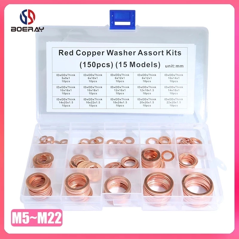 150PCS M5-M22 Copper Crush Washer Gasket Set Flat Ring Seal Assortment Kit 