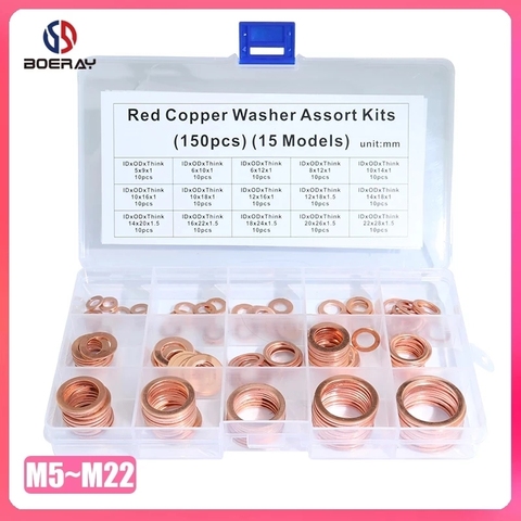150Pcs 15 Size Assorted Solid Copper Crush Washers Seal Flat Oil Brake Ring Kit