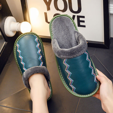 Luxury brand genuine leather home slippers unisex womens fur slides winter slippers female indoor shoes ► Photo 1/6