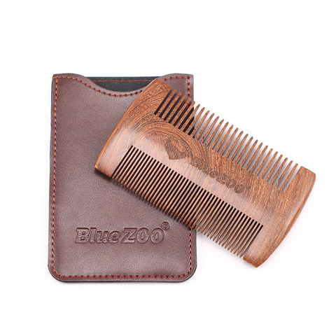 Blue ZOO Double Side Sandalwood Beard Comb Fashion Leather Bag Anti Static Wooden Fine Coarse Teeth Mustaches Beard Brush Comb ► Photo 1/6