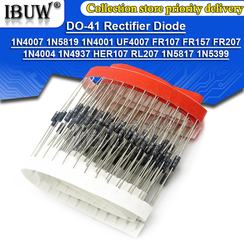 100PCS 1N4007 1N5819 1N4001 UF4007 FR107 FR157 FR207 1N4004 1N4937 HER107 RL207 1N5817 1N5399 DO-41 Rectifier Diode ► Photo 1/3