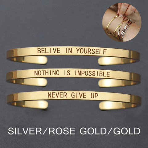 Nothing Is Impossible Letters Engraved Bangle Never Give up Metal Lettering Bracelet Fashion Charm Women Cuff Bracelet Best Gift ► Photo 1/6