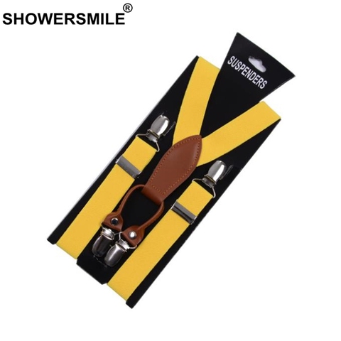 SHOWERSMILE Suspenders Men Leather Alloy 4 Clip Suspender Yellow Tirantes Man'S Braces Adult Casual Suspensorios Trousers Strap ► Photo 1/1