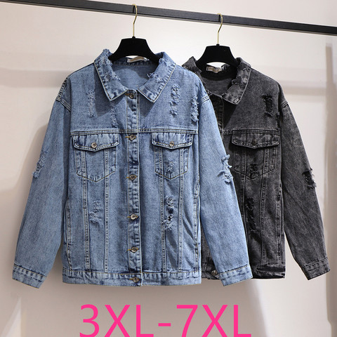 2022 autumn winter plus size jacket for women large long sleeve lapel casual loose hole denim short coat blue 4XL 5XL 6XL 7XL ► Photo 1/6