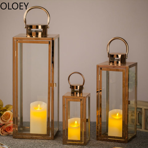 Nordic Gold Candle Holder Metal Large WindProof Wind Lamp Wedding Centerpieces Candlestick Crystal Candelabra Candle Lantern ► Photo 1/6