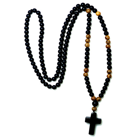 6MM Black stone Wood Beads with black stone cross Pendant Mens Rosary Necklace chain about 70CM Mens Mala jewelry ► Photo 1/1