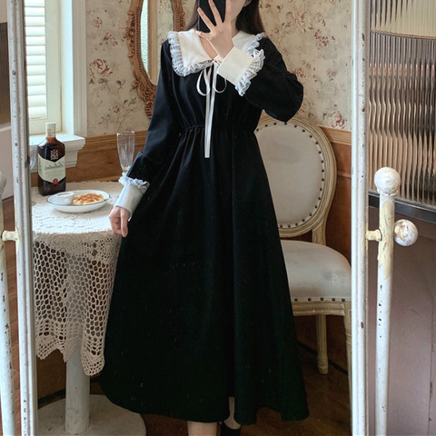 Vintage Dress Women Sweet Lace Peter Pan Collar French Elegant Long Sleeve Lace-Up Fairy One Piece Dress Korean 2022 Autumn Chic ► Photo 1/6