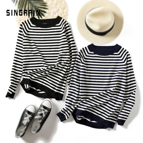 SINGRAIN Women knitted sweaters striped pullovers long sleeves basic sweaters loose warm tricot autumn winter Korean Knit Tops ► Photo 1/6