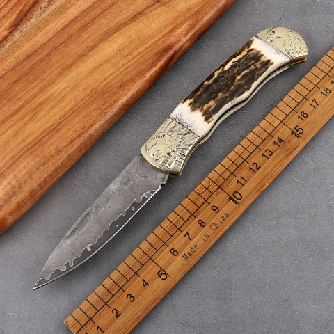 Damascus steel blade copper-nickel alloy + antler handle folding sharp tactical outdoor survival tool hunting knife Jackknife ► Photo 1/1