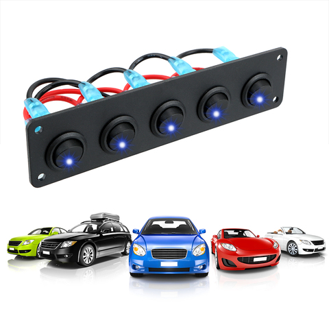 5 Gang 12-24V Blue LED Car Marine Round Dash Rocker Toggle Switch Panel Waterproof Outlet Combination for RV Boat Yacht Marine ► Photo 1/6