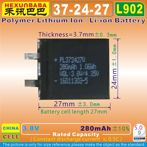 4pcs [L902] 3.8V 280mAh [372427] Polymer lithium ion / Li-ion battery for voice recorder pen,smartband;bluetooth,mp3,smart watch ► Photo 1/1