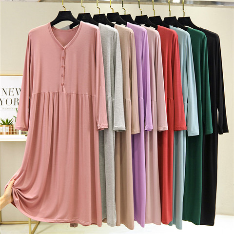 Home Nighty Sexy Sleepwear Women Sleeping Dress V-Neck Long Sleeve Nightgown Summer Cotton Loose Nightdress For Female ► Photo 1/6