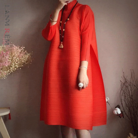 LANMREM2022 spring New Fashion Long Sleeve Turtleneck Solid Color Loose Fold Knee-length A -line Vintage Dress Women EB015 ► Photo 1/6