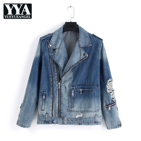 Harajuku Mens Denim Jacket Zipper Adjustable Belted Punk Style Slim Fit Cowboy Coat Casual Vintage Moto Biker Hole Ripped Jacket ► Photo 1/6