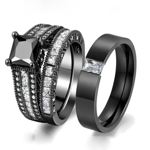 Fashion Couple Rings Jewelry  Men Stainless Steel Zircon Ring  Women White/Black Zircon Rings Set Engagement Wedding Band Gift ► Photo 1/6