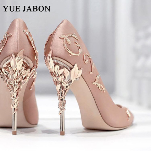 Elegant Silk Women Pumps Leaves Heel High Heels Rhinestone Flower Wedding Shoes Brand Design Pointed Toe shoes woman high heel ► Photo 1/6