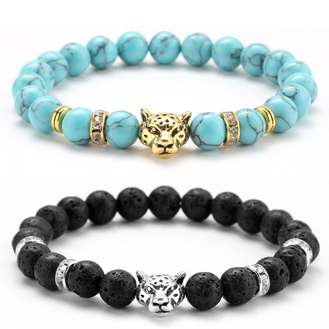 charm bracelet beads Stone Leopard Head Beaded Bracelet For Men Fashion 8mm Natural Stone Tiger Eye Onyx Lava Beads Bracelets ► Photo 1/6
