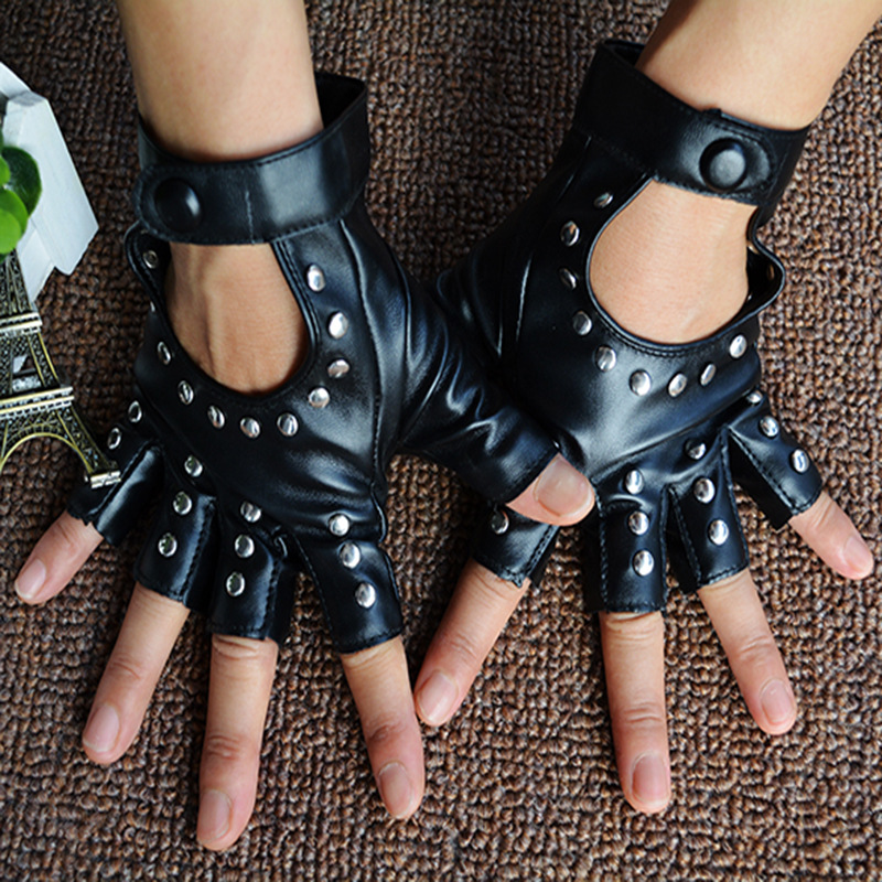 1 Pair Halloween Black Pu Leather Fingerless Gloves Female Half Finger Driving Women Fashion Punk Gloves Dance Rivets Gloves ► Photo 1/6