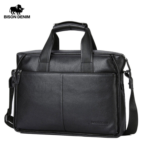 BISON DENIM Genuine Leather Guarantee Briefcase Men Bag 14 inch Laptop Soft Cowhide Messenger Bag Handbag Bag Business N2237-3 ► Photo 1/6