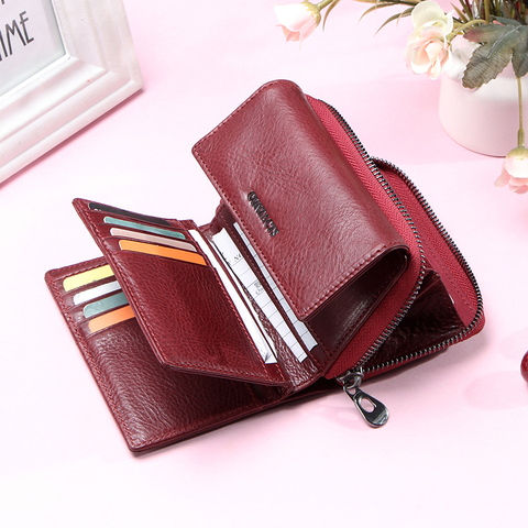 Contact's 100% Genuine Leather Fashion Women Wallets Trifold Design Money Bag Zipper Small Coin Purse for Girls Card Holder bags ► Photo 1/6