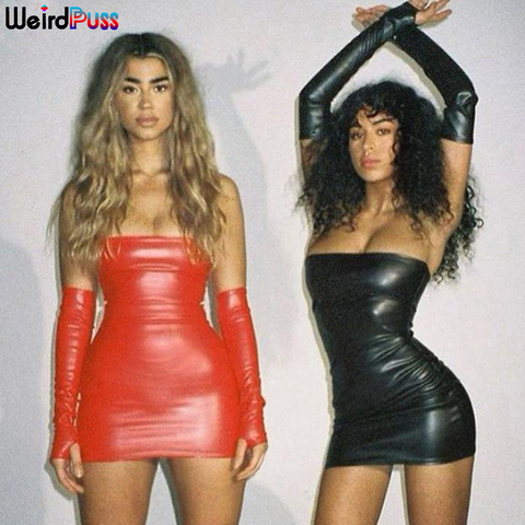 Weird Puss Women Sexy Short Faux PU Leather With Gloves Party Dress fitness Skinny bodycon Backless Hot Street Fashion Clubwear ► Photo 1/1