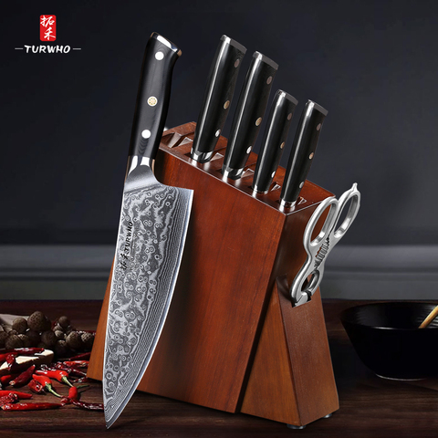 TURWHO 7 PCS Best Kitchen Knives Sets With Excellent Acacia Wood/Knife Set BlocK Super Sharp Japanese Damascus Steel Knives Set ► Photo 1/6