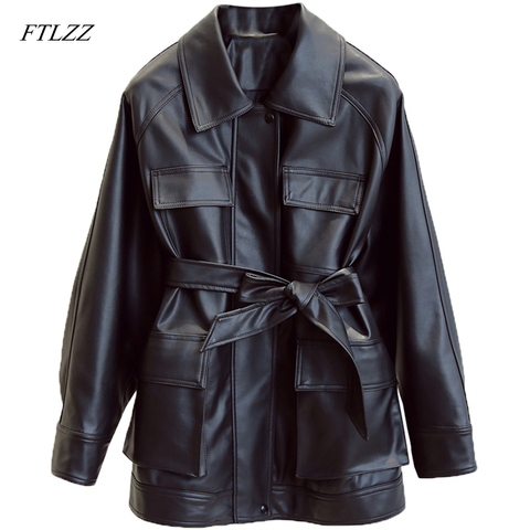 FTLZZ Slim PU Coats Women Faux Leather Jackets Vintage Motor Biker Jackets Elegant Tie Belt Waist Pockets Buttons Coats ► Photo 1/6