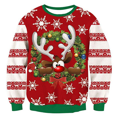 O Neck Christmas Sweater 3d Antler Print Novelty Ugly Christmas Sweater Unisex Men Women Long Sleeve Pullover Jumpers Sweater ► Photo 1/6