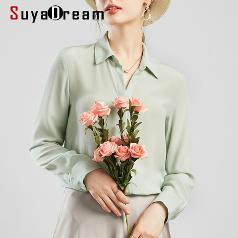 SuyaDream Women Silk Blouses 100% REAL SILK Solid Long Sleeved Basic Button Office Lady Blouse Shirt 2022 Chic Shirt ► Photo 1/6
