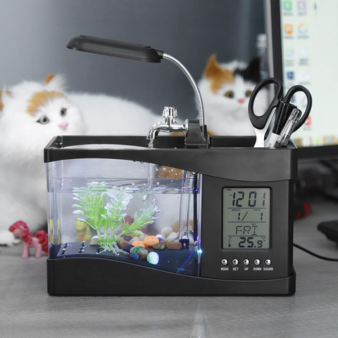 USB Desktop Mini Aquarium Fish Tank Beta Aquarium with LED Light LCD Display Screen and Clock Fish Tank Decoration with Pebbles ► Photo 1/6